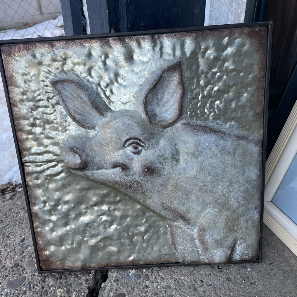 Vintage Galvanized Metal Embossed Pig Wall Art Primitive Tin Kitchen Decor Frame